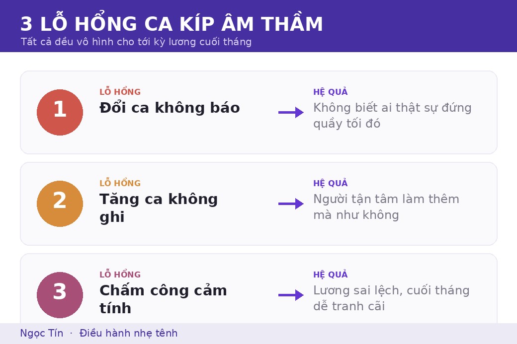 Ba lỗ hổng ca kíp âm thầm: đổi ca, tăng ca, chấm công, đều vô hình cho tới kỳ lương.