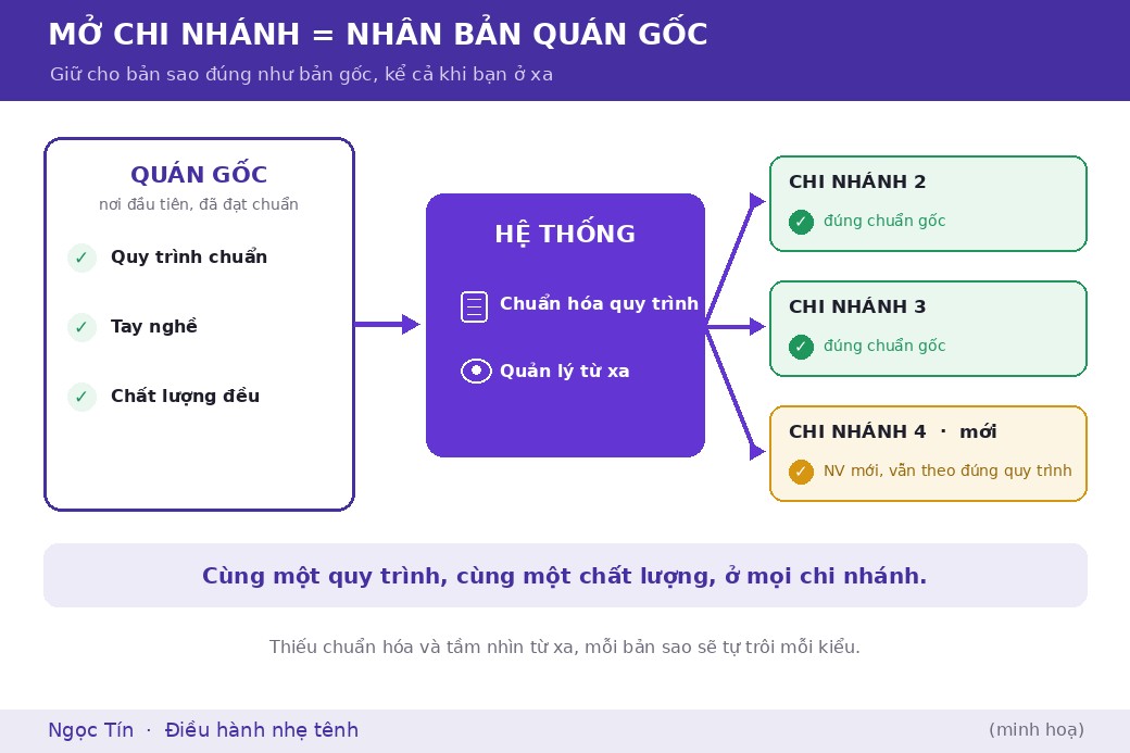 Mở chi nhánh mới là nhân bản quán gốc; chuẩn hóa quy trình và cho phép nhìn từ xa giúp mọi bản sao giữ đúng chất lượng của bản gốc.